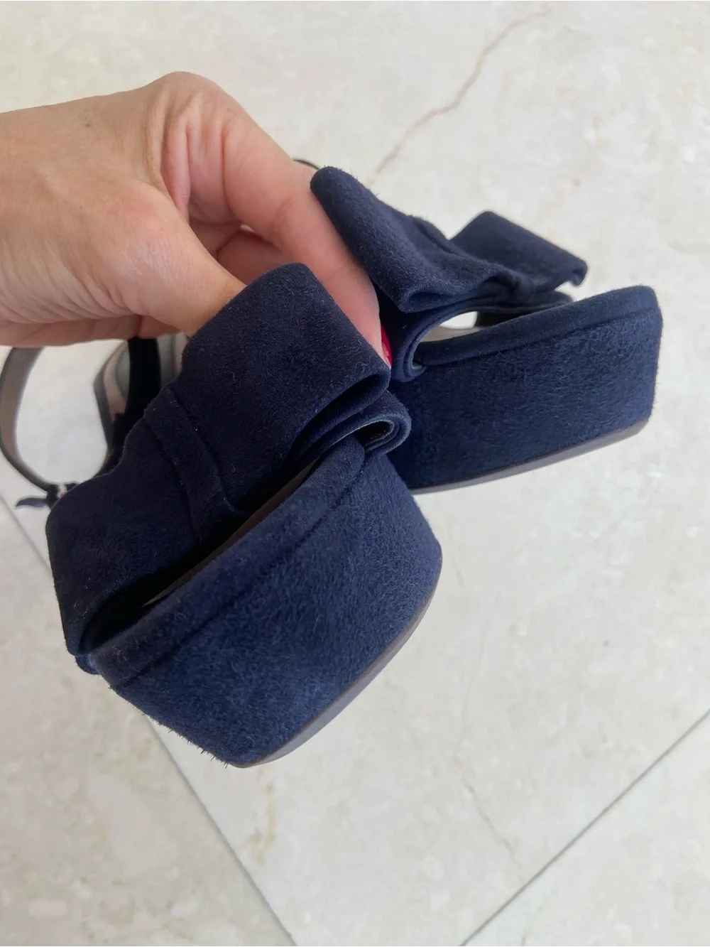 Marni Dark Navy Blue Suede T-Strap Bow Platform Sandals with Dust Bags